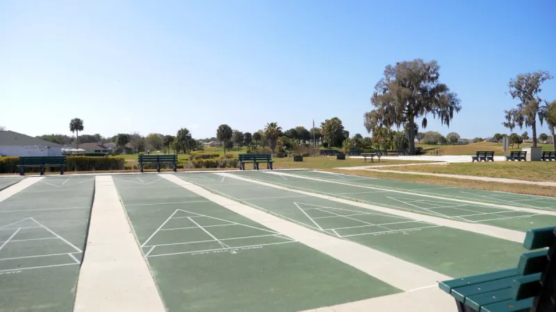 Shuffleboard courts surrounding by landscaping and trees.