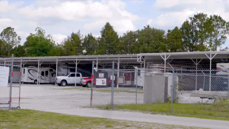 Onsite RV storage with covered parking areas.