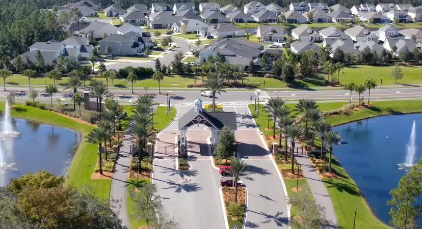 A view of the Del Webb Nocatee entrance with homes in the background, surrounded by palm trees.