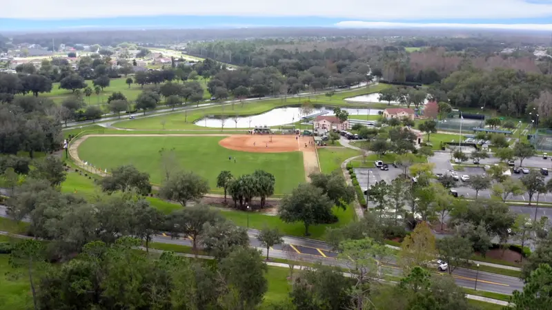 Aerial view of the softball field and surrounding park areas in Solivita.