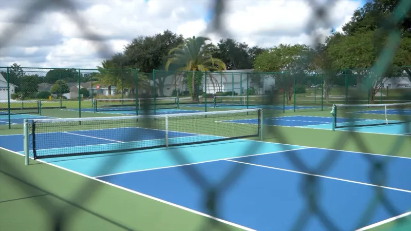 Pristine tennis courts with beautiful landscaping in background.