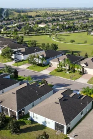 Homes overlooking green space and walking trails.