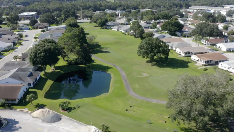 Fairways with pond with homes located on each side.