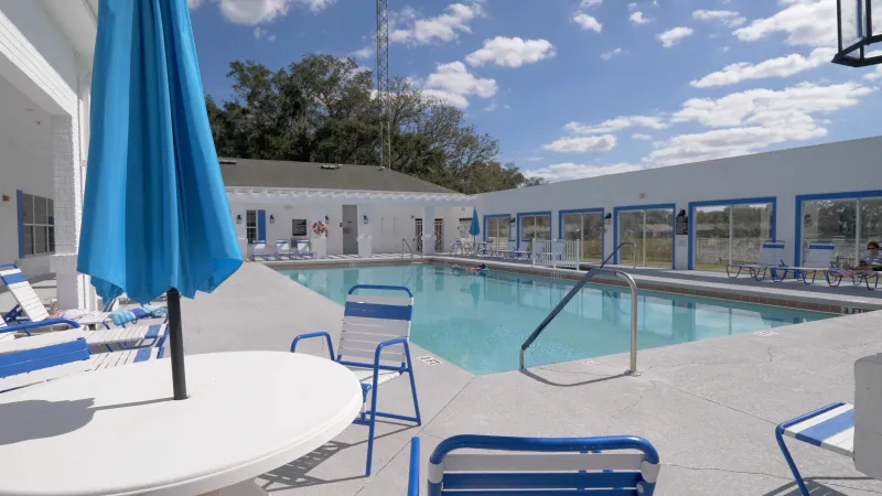 Sparkling blue swimming pool, surrounded by comfortable lounge chairs, tables with umbrellas and large trees in the background.