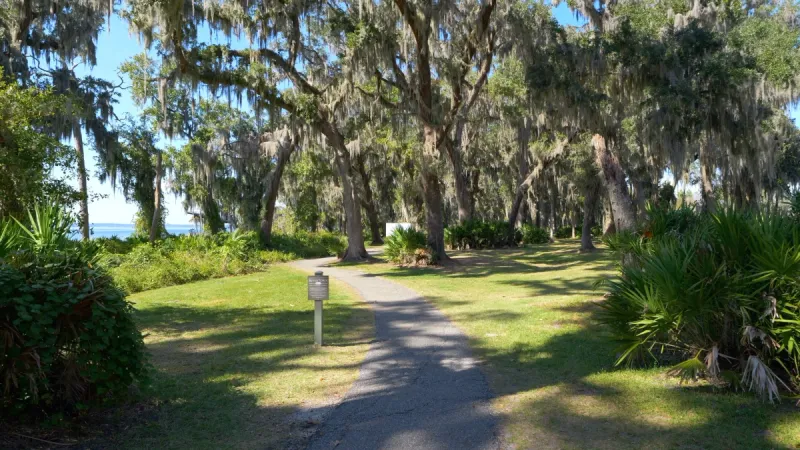 WaterSong at RiverTown scenic walking trails winding through a captivating landscape adorned with Spanish-moss covered trees.