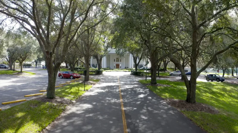 Picturesque entryway lined with trees leading up to the Plantation at Leesburg clubhouse in the background.