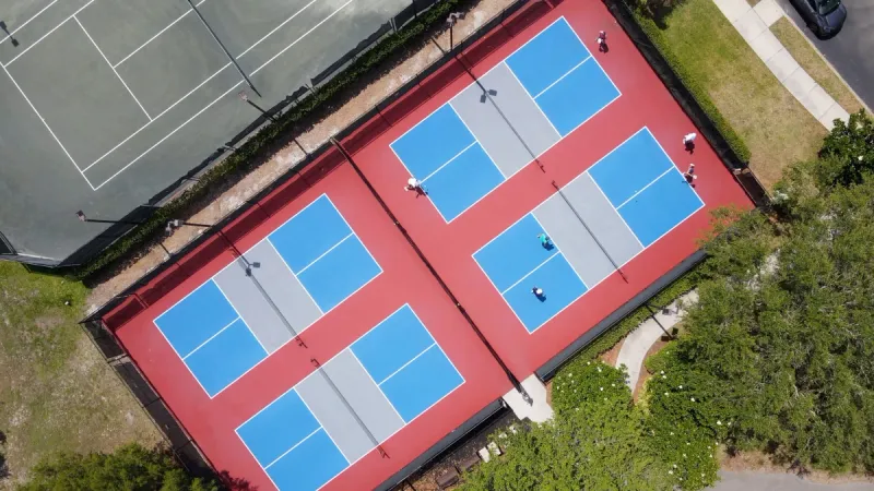 Pickleball courts with blue and red markings.