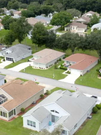 An aerial view of Oak Run homes along a neighborhood street.