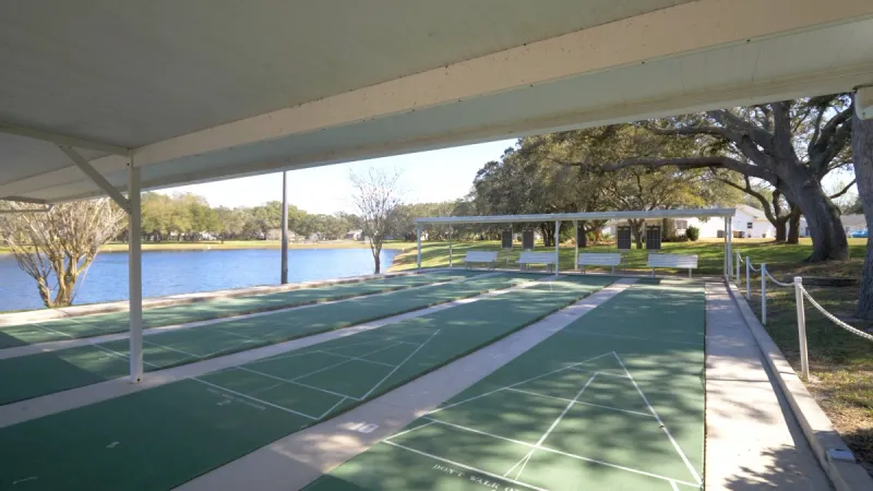 An outdoor shuffleboard court next to a calm body of water, with trees in the background and plenty of space to to enjoy.