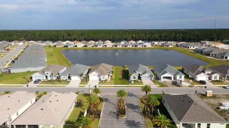 Homes lining the entrance of a community with a road leading into the neighborhood surrounded by palm trees.