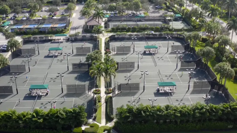 Aerial view of the sports courts at Valencia Cove including tennis and pickleball courts.