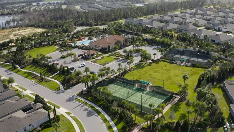 Aerial view of the Esplanade at Highland Ranch clubhouse and amenities.