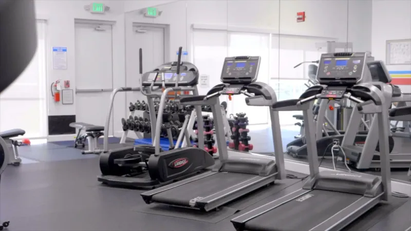 Gym with weights, benches and cardio equipment.