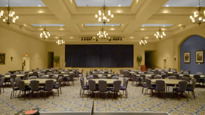 Fairfax Hall grand ballroom with banquet tables