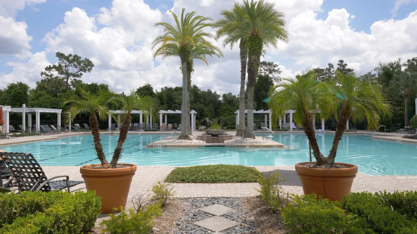 Enjoy pristine amenities like the sparkling pool with ample lounge areas to relax.