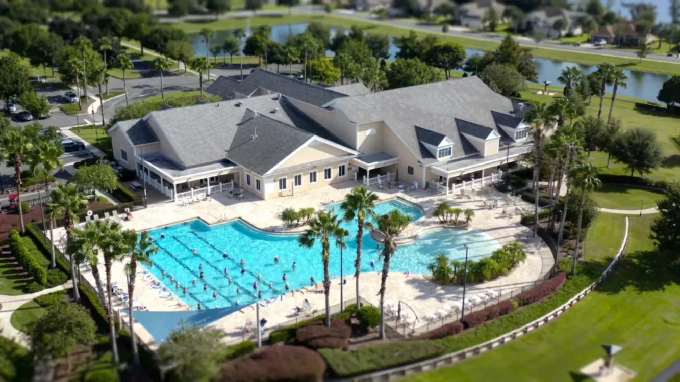 Aerial view of the clubhouse and pool area