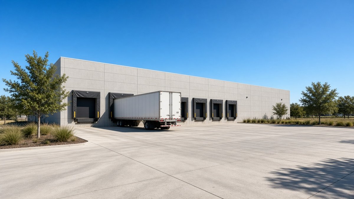 Single-story light industrial warehouse with dock-high doors and a semi-trailer on the truck court in Spring, Texas, under a clear sky.