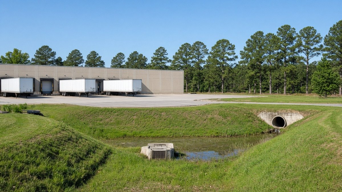 A grassy stormwater detention pond with a concrete outfall pipe and a small outlet structure in front of a tilt-wall industrial warehouse with trailers at the dock doors, backed by tall pine trees under a clear sky.