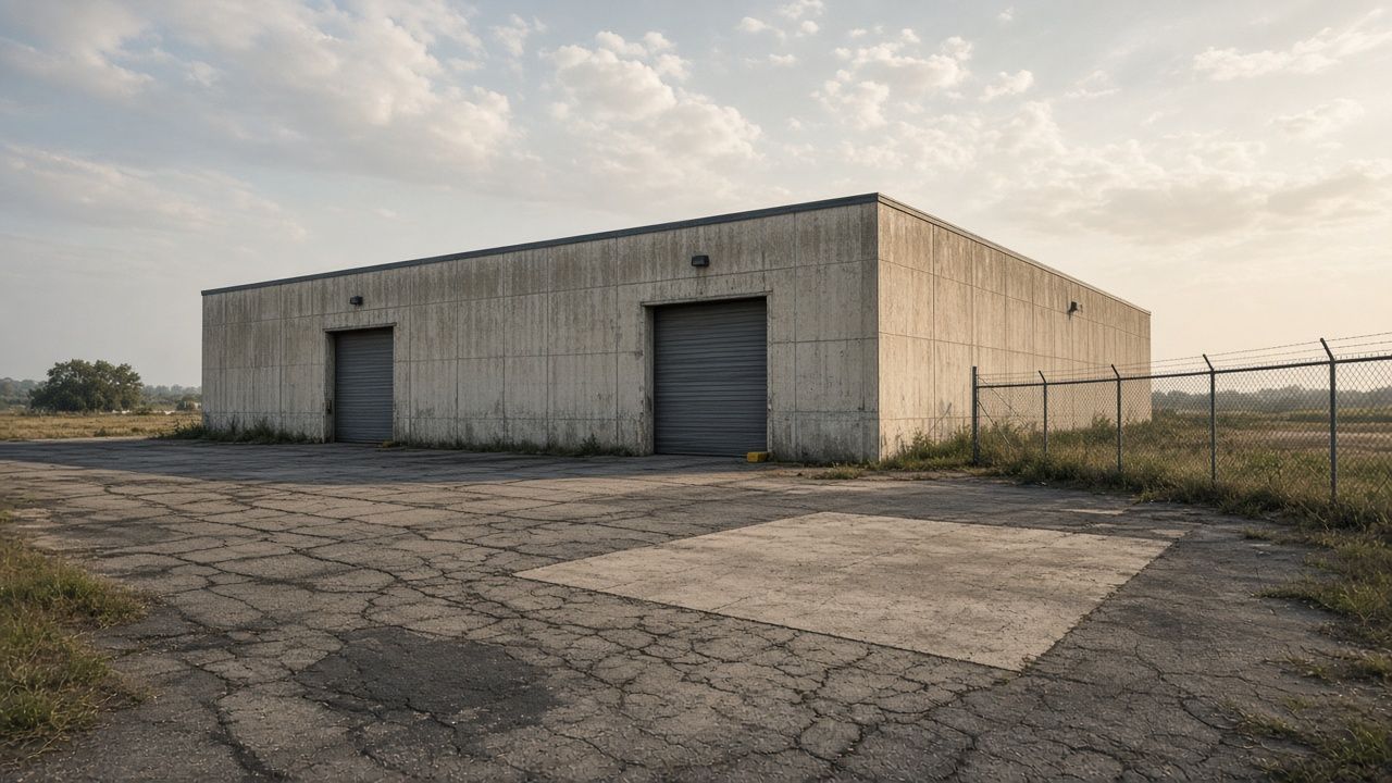 Older concrete industrial building with two roll-up loading doors, cracked and patched pavement and a chain-link fence under a hazy warm sky, suggesting environmental due diligence before a purchase.