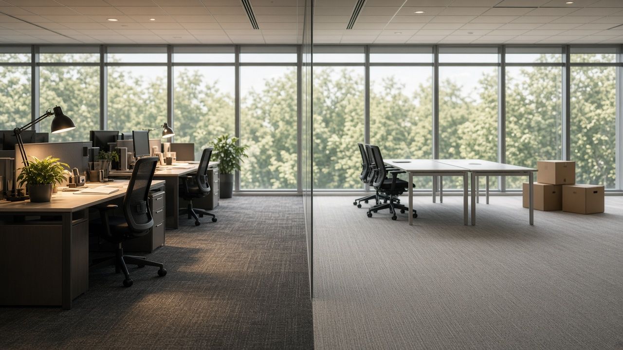 Office floor divided by a glass partition, with occupied workstations on one side and an emptied area with stacked moving boxes on the other, suggesting space being handed off or sublet.