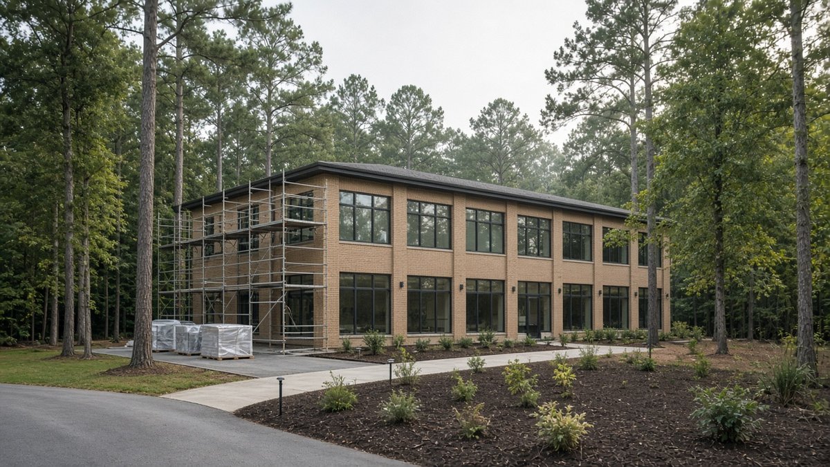 Two-story brick and glass office building in a wooded setting, with scaffolding at one end and fresh landscaping along the front walk ahead of an exterior update.