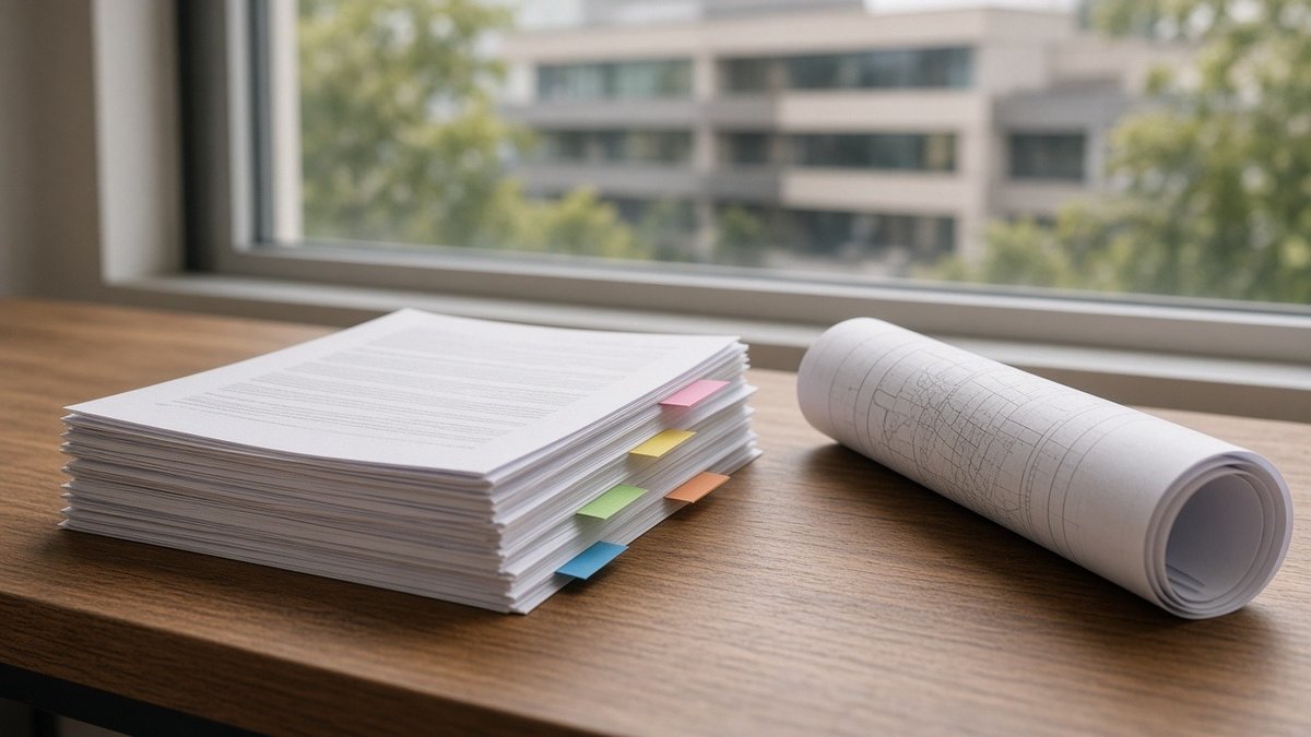 Stack of tabbed recorded documents and a rolled site plan on a wooden desk beside a window facing a low rise office building