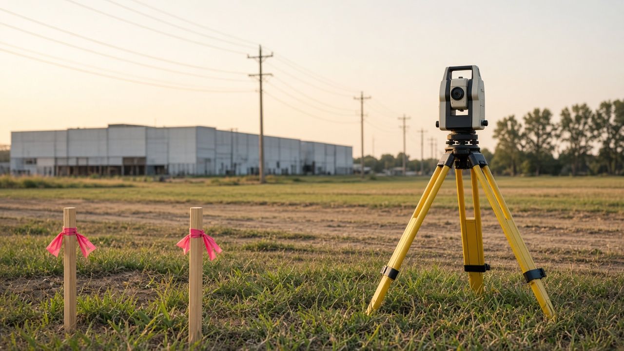 A surveyor's tripod and total station at the edge of a vacant commercial lot with flagged boundary stakes, a low tilt-wall warehouse and power lines behind it under a hazy late-afternoon sky.
