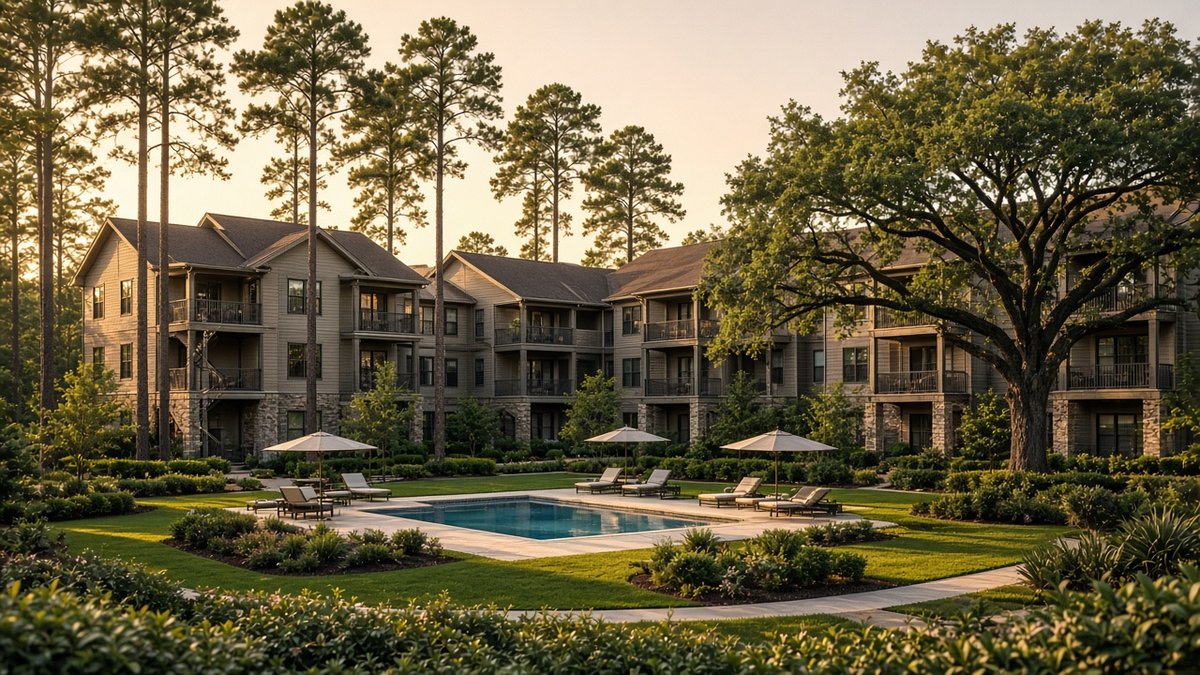 Three-story garden style apartment community with a courtyard pool, tall pine trees and a live oak in warm late-day light.
