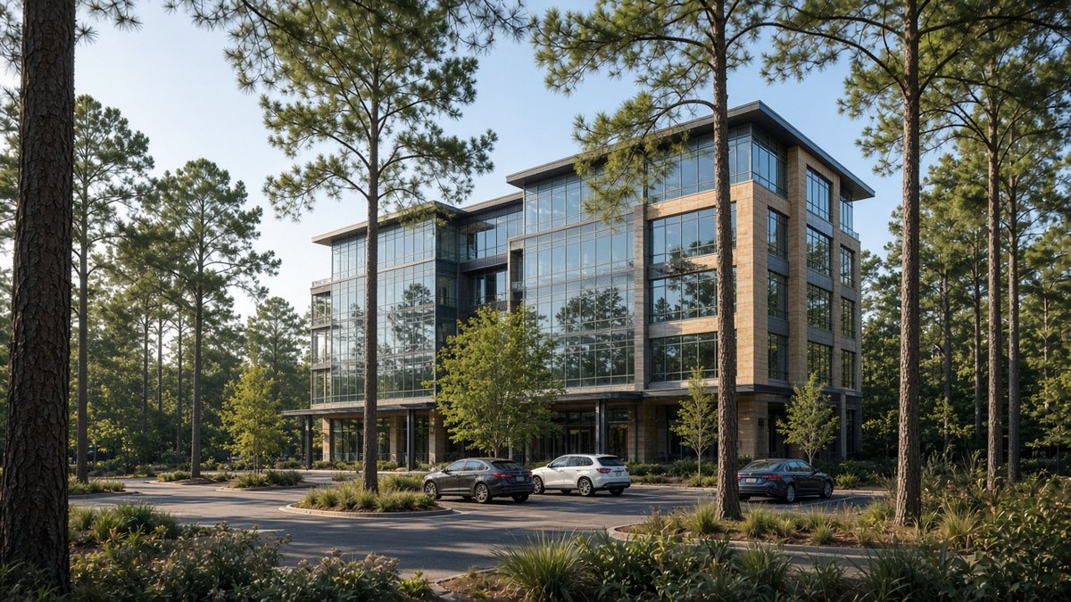 Modern mid-rise office building surrounded by tall pine trees and landscaped parking on a bright morning.
