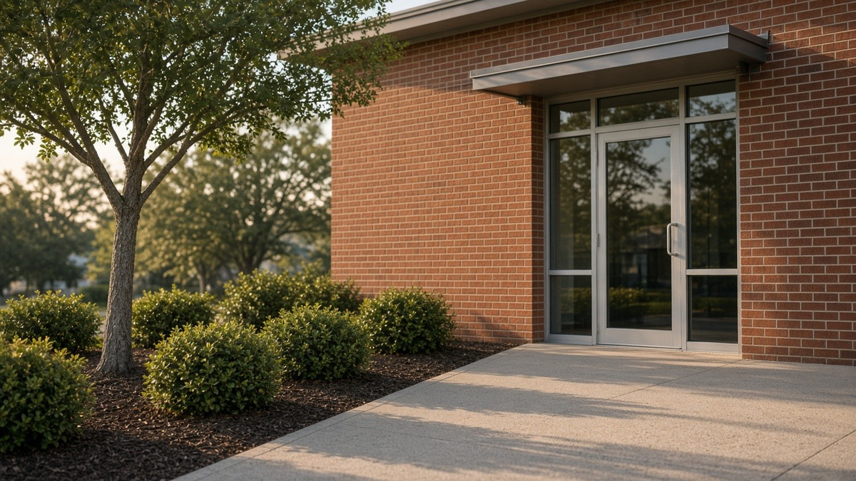 Landscaped concrete walkway leading to the glass entry door of a single-story red brick office building, with boxwood shrubs and a young shade tree in warm morning light