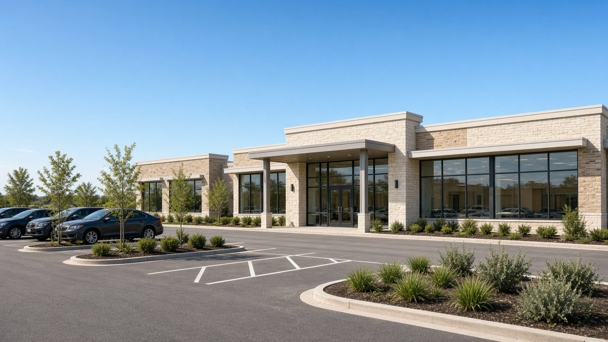Single story stone and glass suburban office building with a covered entry, landscaped parking lot, and young trees under a clear sky.