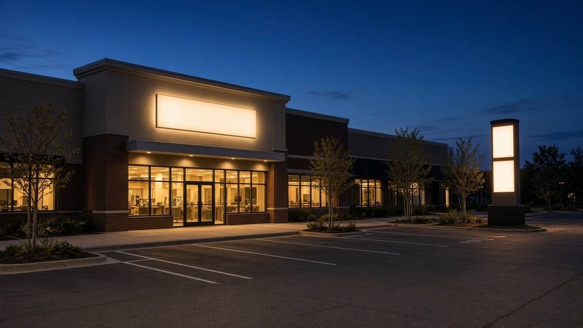 Strip shopping center storefront at dusk with a lit blank wall sign above the entrance and a lit pylon sign at the edge of the parking lot.