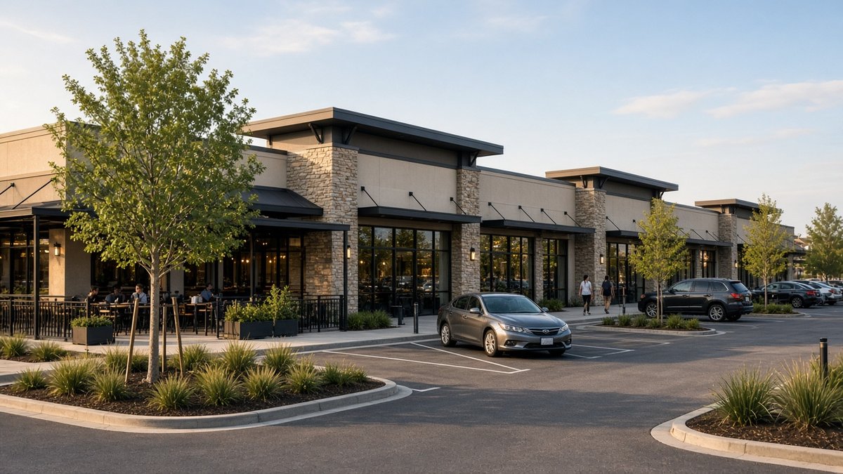 Neighborhood retail center with restaurant and service storefronts, patio seating, shared parking, and landscaping in warm afternoon light.