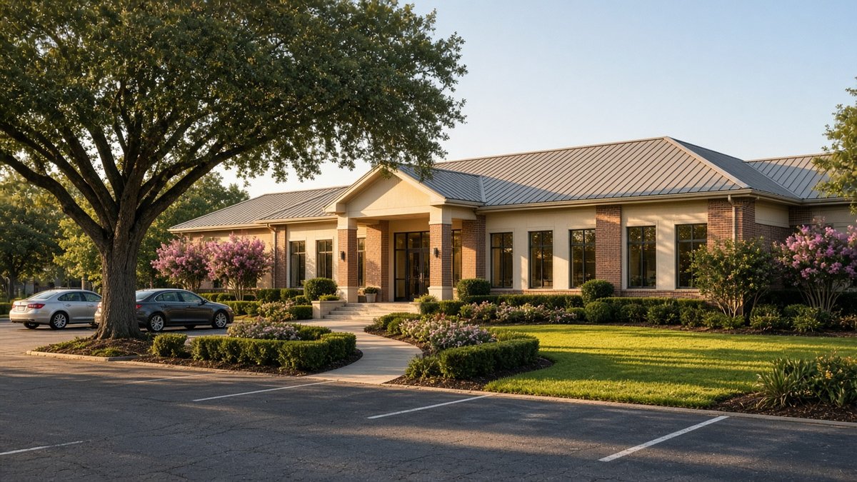 Single-story brick professional office building with a glass entry, crepe myrtles, a live oak, and a small parking lot in warm late-day light.