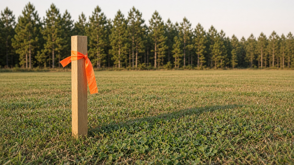 Wooden survey stake tied with orange flagging tape in mowed grass on an open, flat land tract, with a line of tall pine trees behind it in warm morning light