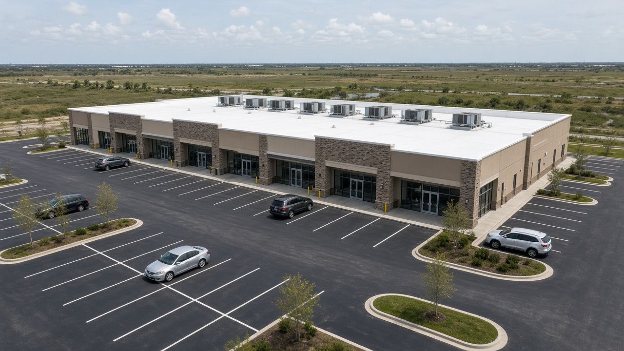Aerial view of a multi tenant retail and flex building with a large flat roof, rooftop HVAC units, and a freshly striped parking lot, showing the shared costs tenants split under a triple net lease.