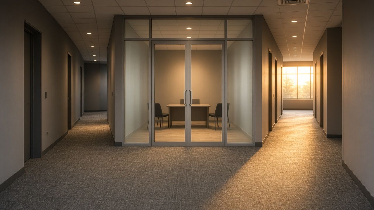 Quiet office corridor with a glass suite entry and empty reception desk in soft late-day light, suggesting a lease term ending and a decision to stay or go.