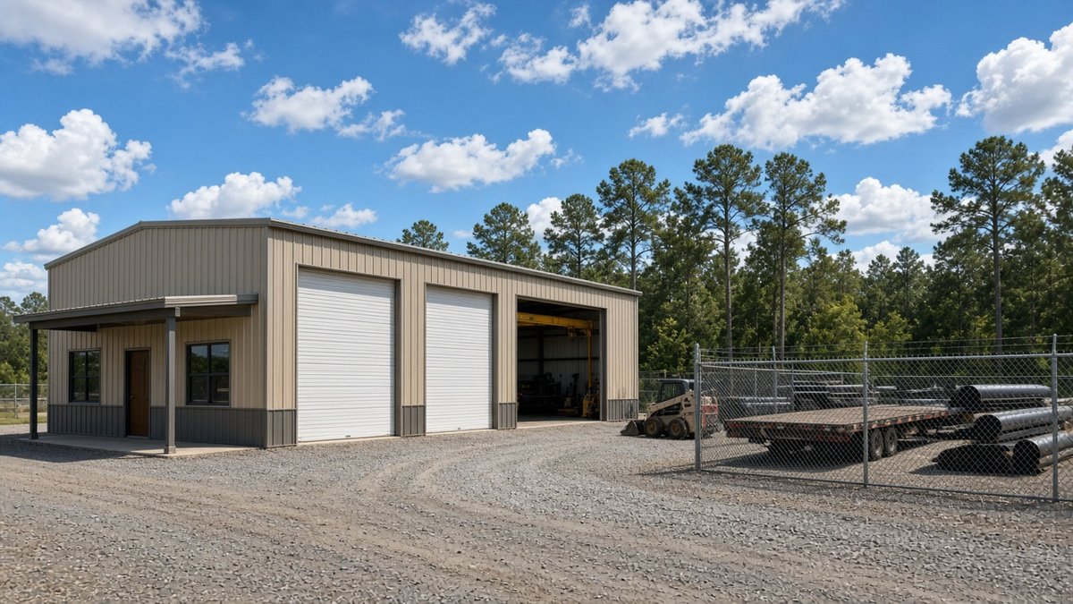 Small metal industrial shop building with a front office, roll-up doors, and a fenced gravel yard holding pipe racks, a trailer, and a skid steer, framed by pine trees.