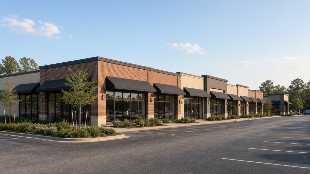 Daytime strip-center and parking lot along a Tomball retail corridor