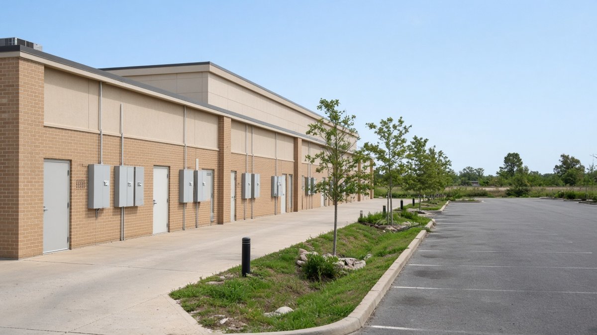 Suburban strip retail service alley with blank utility cabinets, a concrete walkway, and young trees along an empty parking lot under clear daylight.