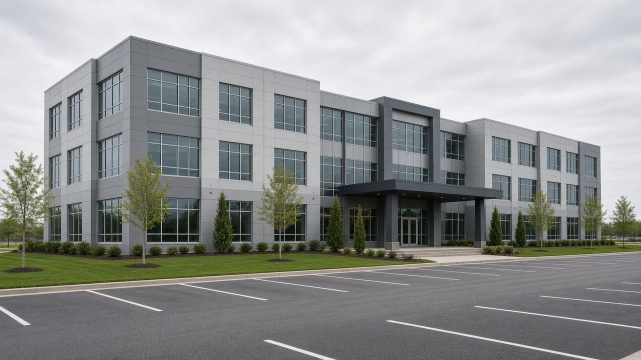 Quiet three-story commercial office building with a covered entry and empty parking lot under soft overcast daylight.