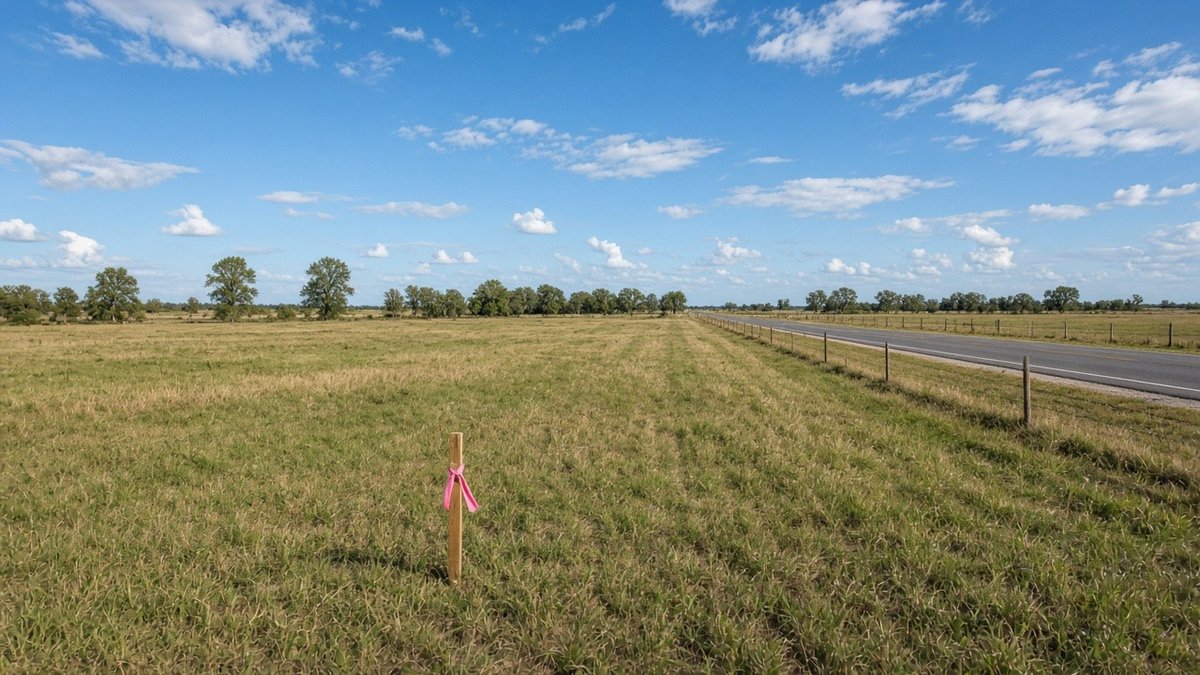 An open, grassy commercial tract beside a two-lane rural highway, with a wooden survey stake tied with pink flagging tape in the foreground, a wire fence along the road and scattered trees under a blue sky.