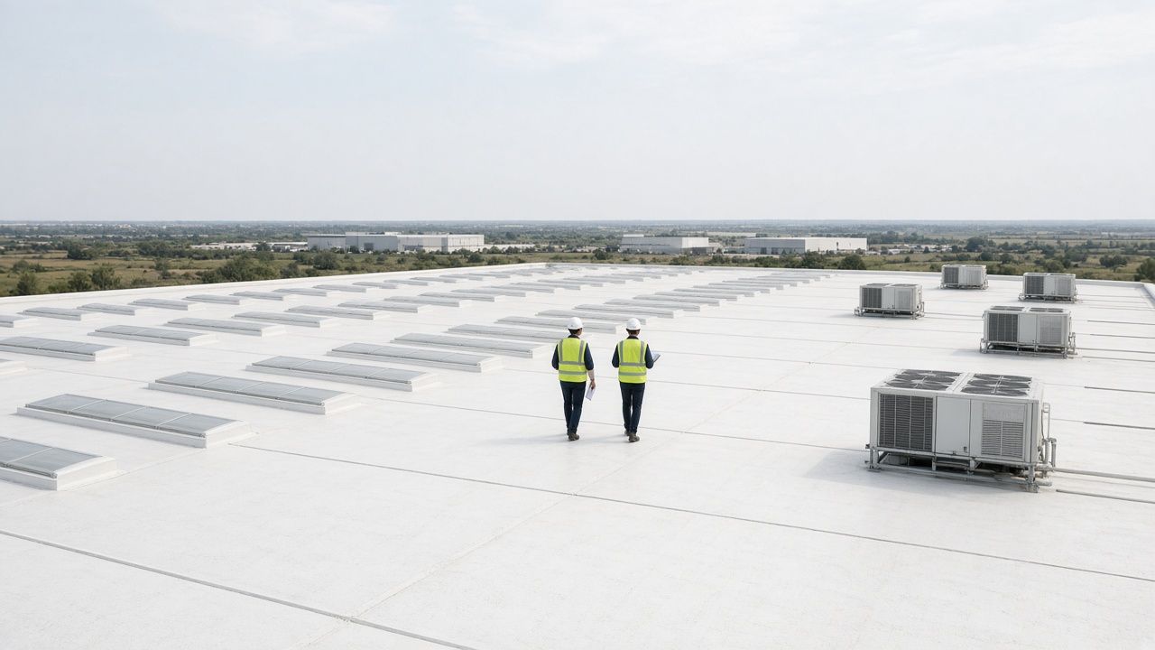 Two inspectors in hard hats and safety vests, seen from behind, walking a large white warehouse roof with skylights and HVAC units, holding a clipboard and tablet under a hazy late-morning sky.
