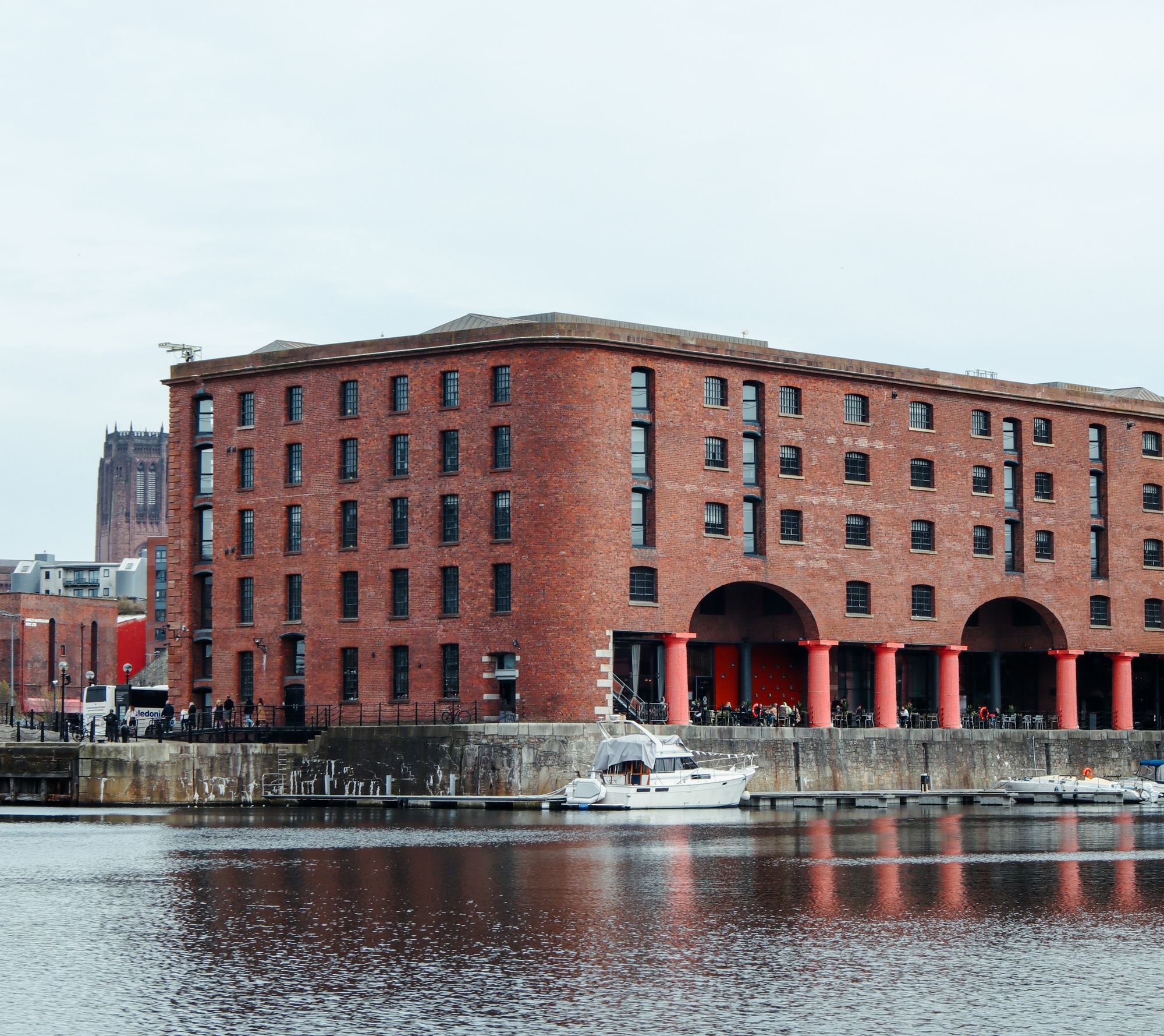 The red brick Royal Albert Dock warehouse across the water in Liverpool.