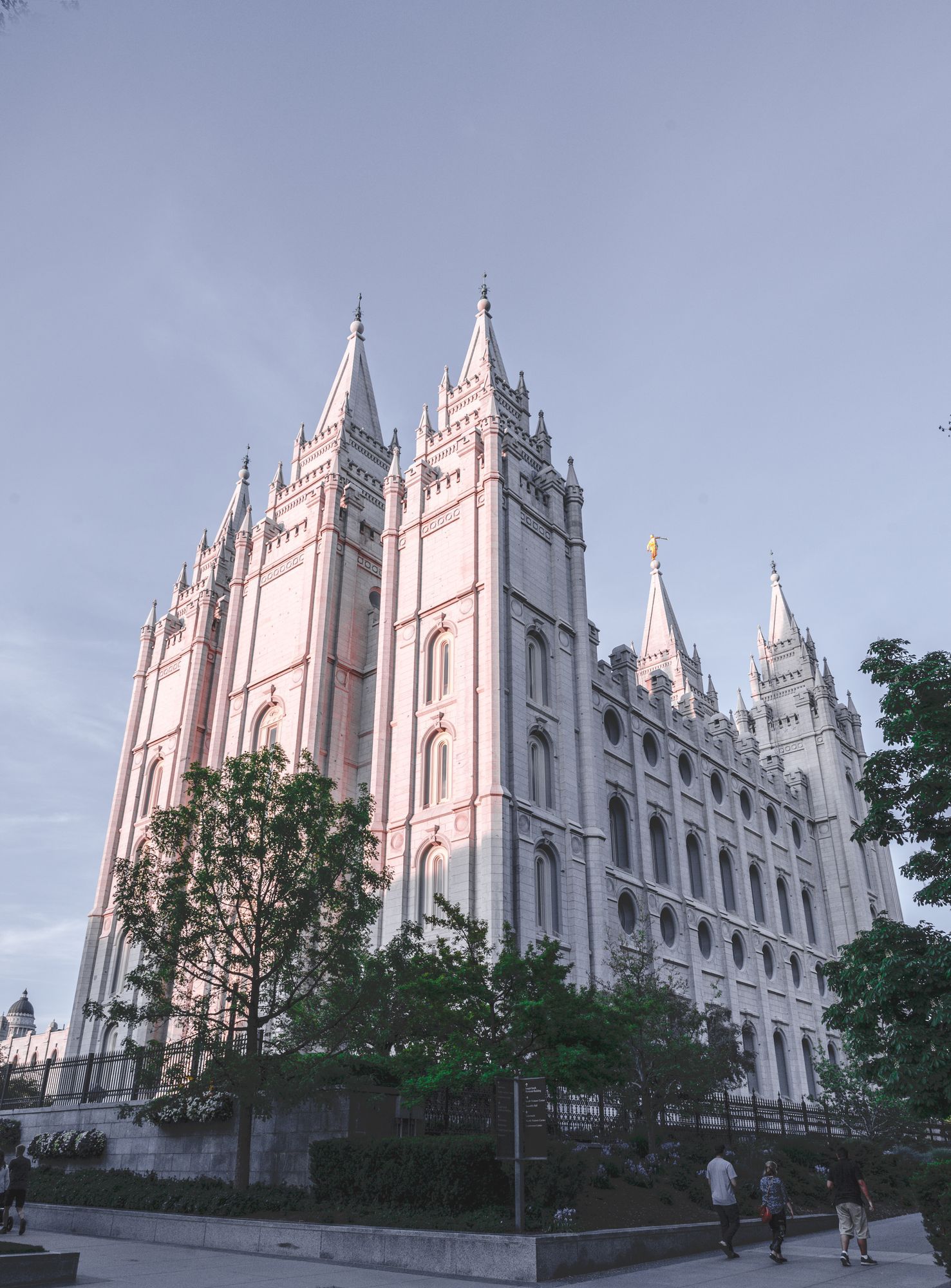 The Salt Lake Temple's granite spires on Temple Square in Salt Lake City.