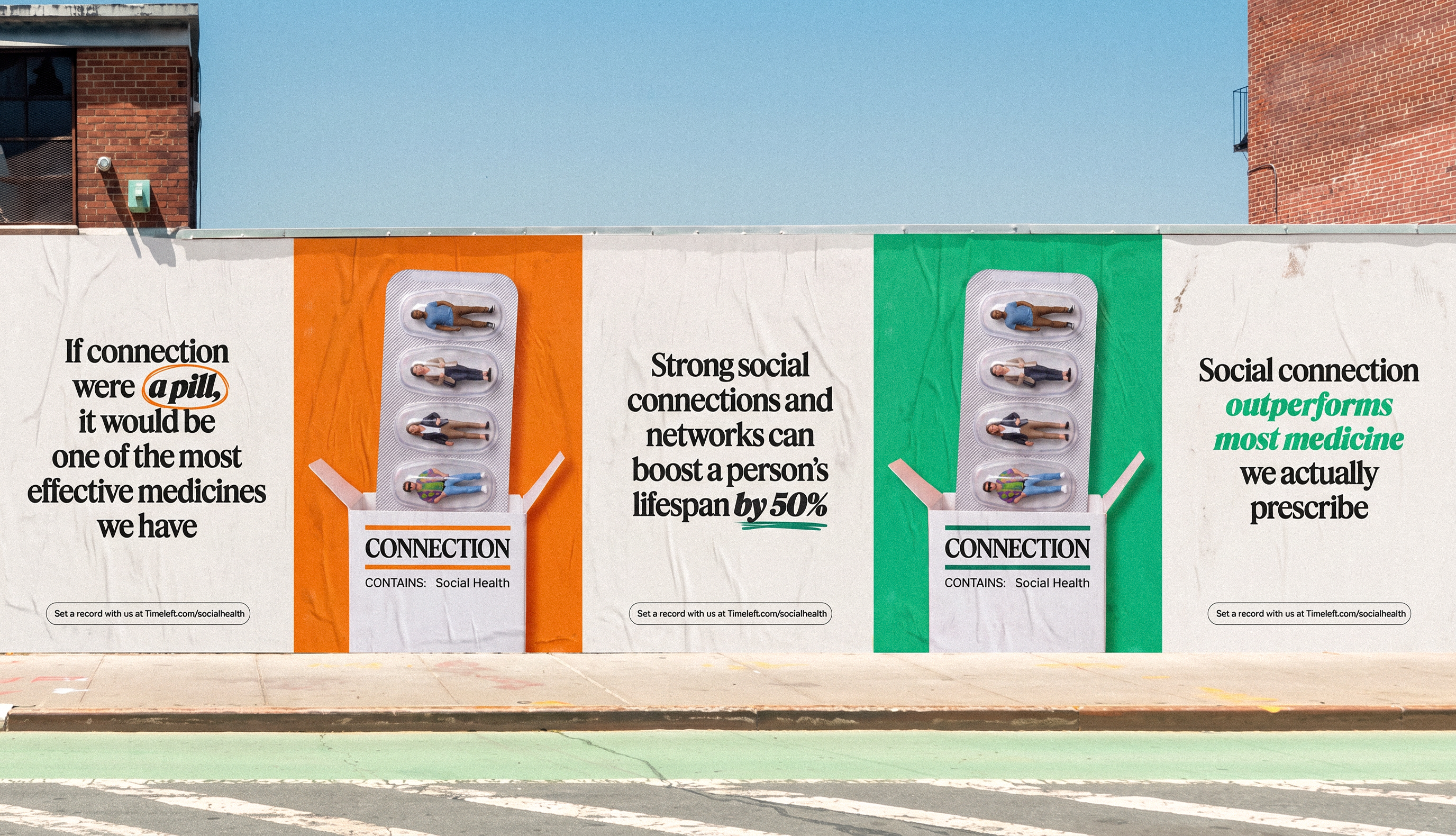 Timeleft connection campaign posters on a city street