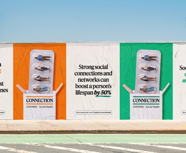 Timeleft connection campaign posters on a city street