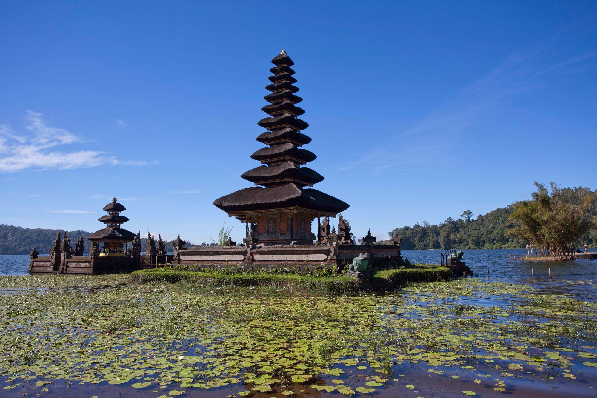 The Ulun Danu Beratan Temple on Lake Beratan in Bali, with its tiered shrine rising above the water.