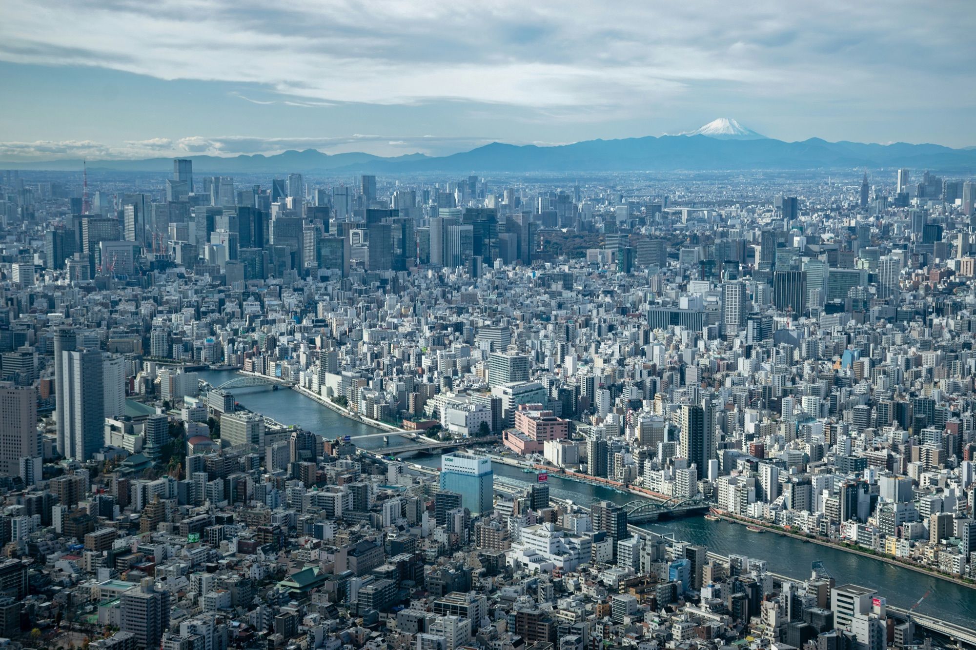 曇り空の東京スカイツリーから望む東京の街並みと遠くの富士山