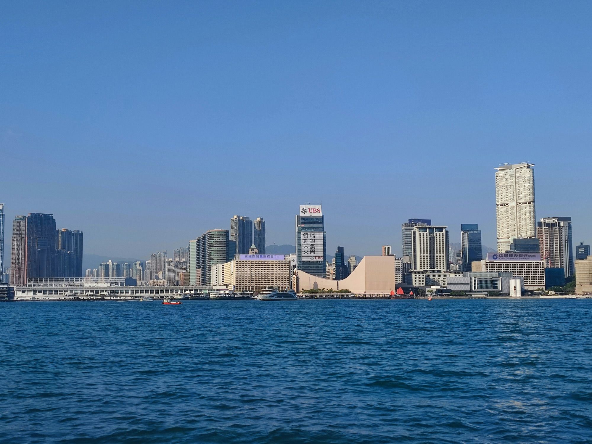 The Tsim Sha Tsui waterfront by day, seen across Victoria Harbour